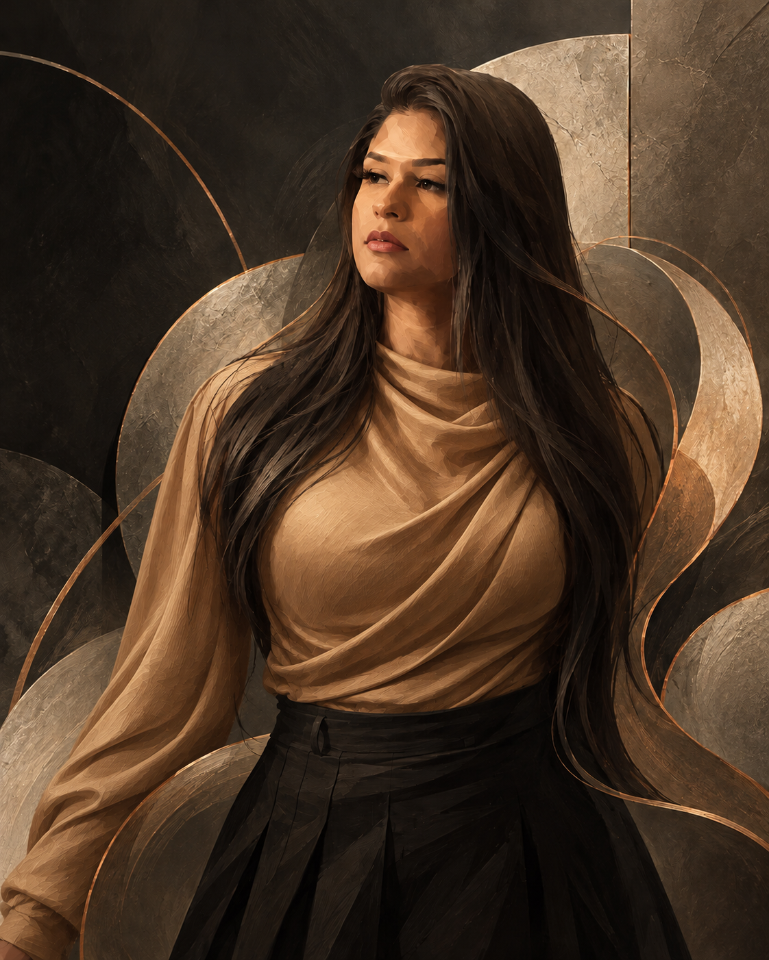 Painterly portrait of the artist with long dark hair, wearing a draped sand-colored top, set against sculptural stone arcs traced in copper.