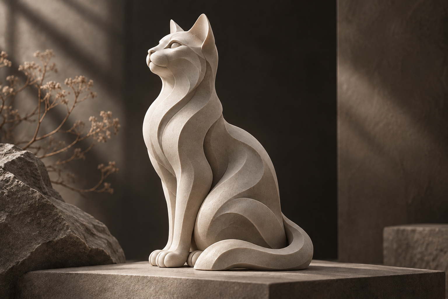 Luna: a pale stone sculpture of a seated cat looking upward, its body carved in flowing contour lines, resting on a stone plinth beside a rough rock and dried flowering branches in soft raking light.