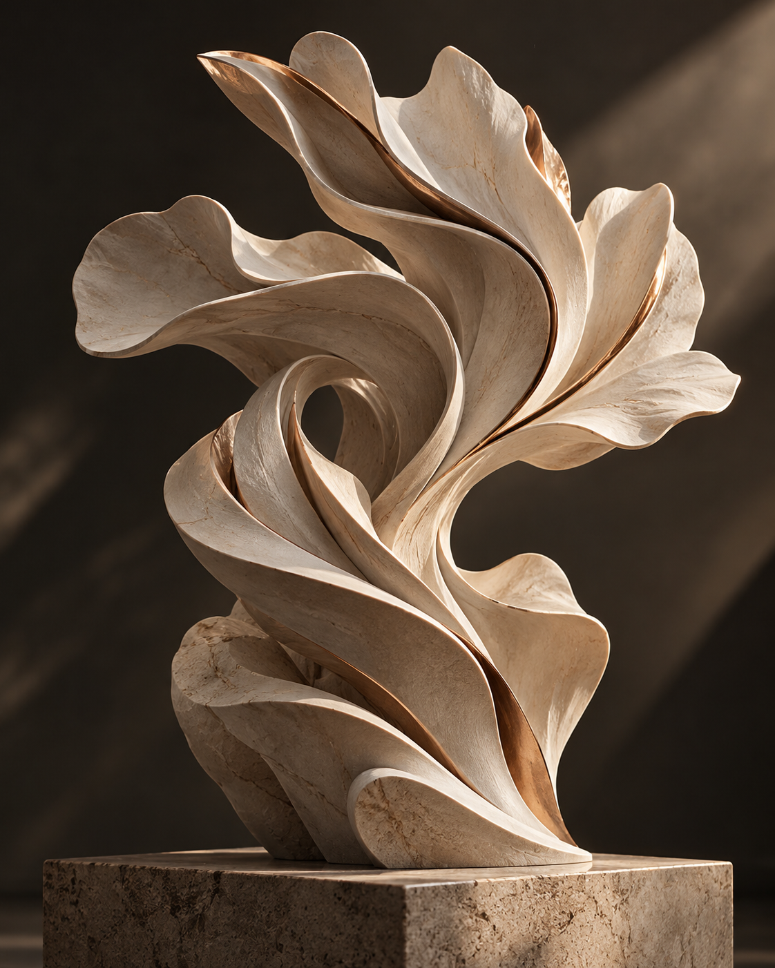 Unfurling: an abstract cream marble sculpture of swirling, petal-like ribbons with copper inlay along the folds, standing on a stone plinth against a dark backdrop with raking light.
